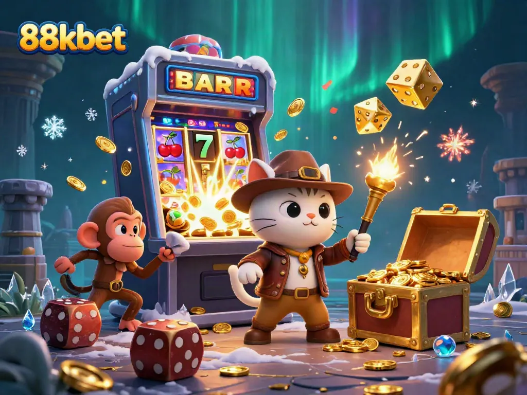 Experience the excitement of 88kbet with an illustrated explorer cat discovering casino treasures.