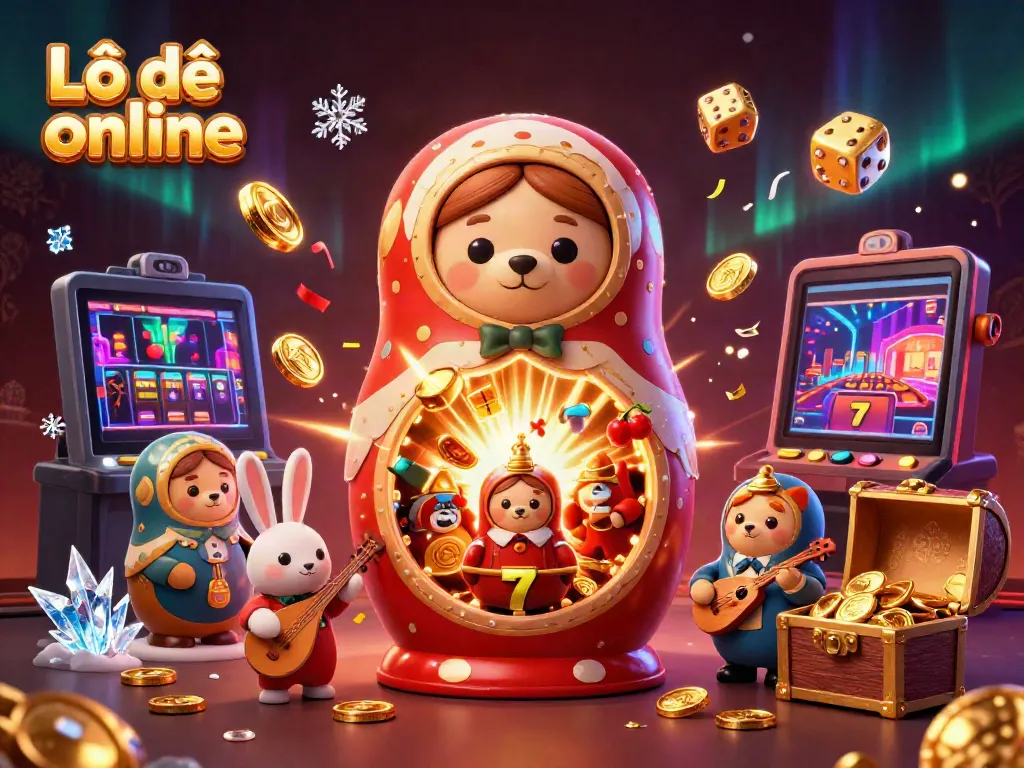 Engaging scene showcasing Lô đề online with festive casino elements, colorful bears, and golden treasures.