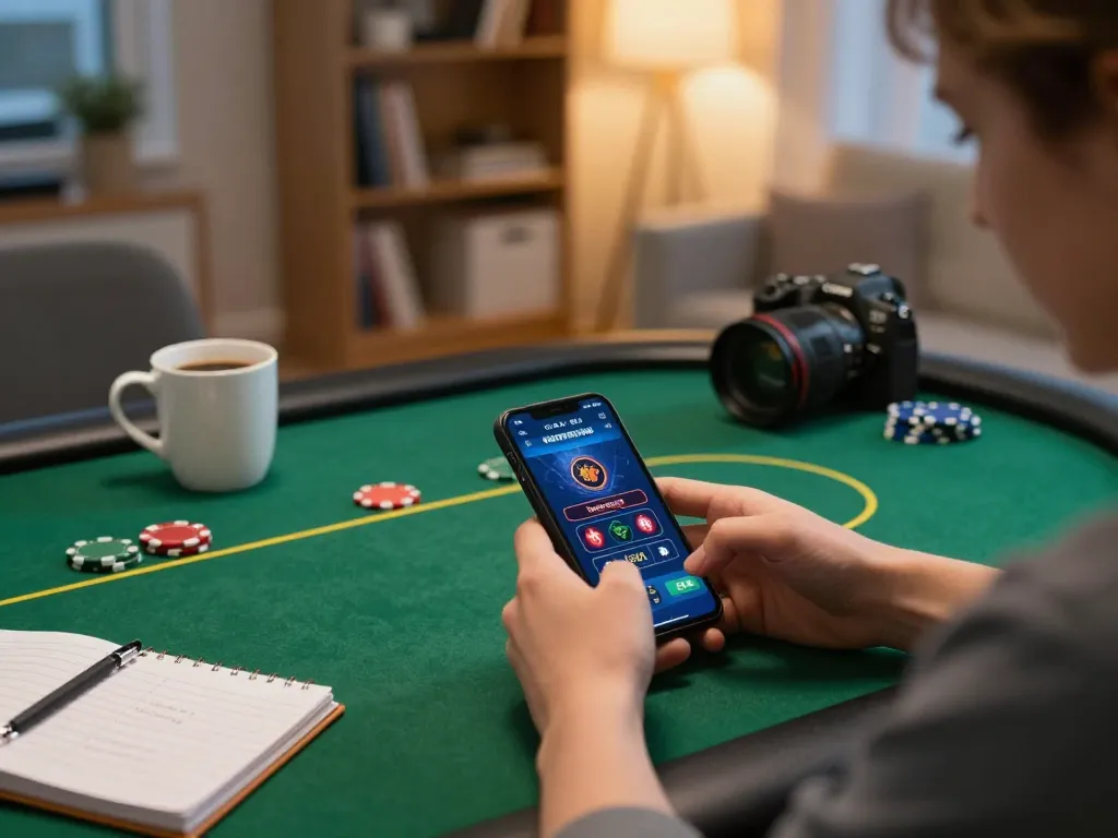 Người chơi LUCK8 tương tác với ứng dụng casino di động trong một không gian ấm cúng tại nhà, nhấn mạnh việc chơi game có trách nhiệm.