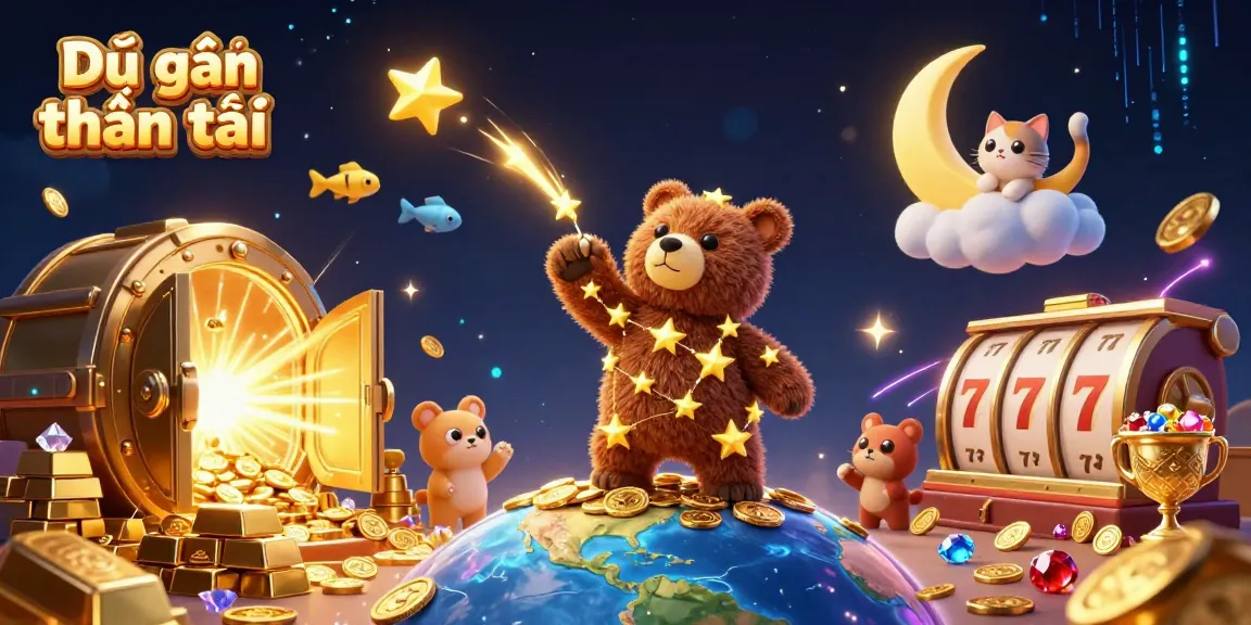 Dự đoán thần tài showcases winning strategies with enchanted characters amid slot reels and coins.