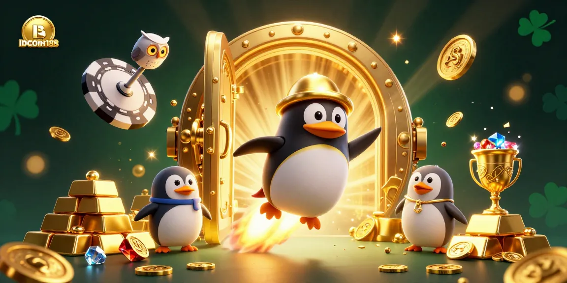 Experience the thrilling adventure of IDCOIN188 with a vibrant casino scene featuring a golden penguin and treasures.