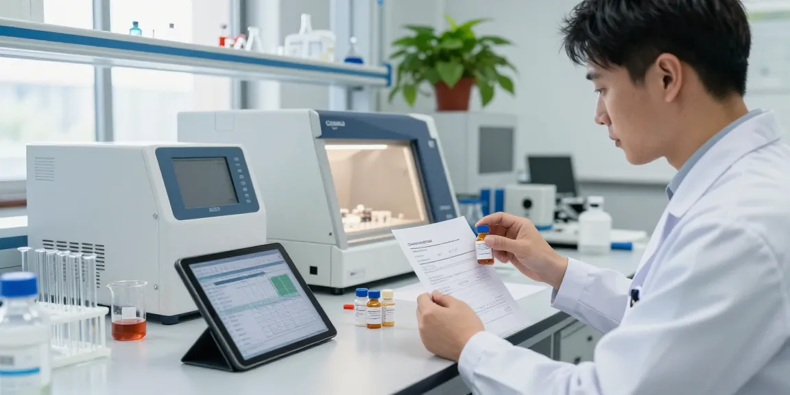 Scientist studying peptides Canada in a research lab with vials and analysis data.