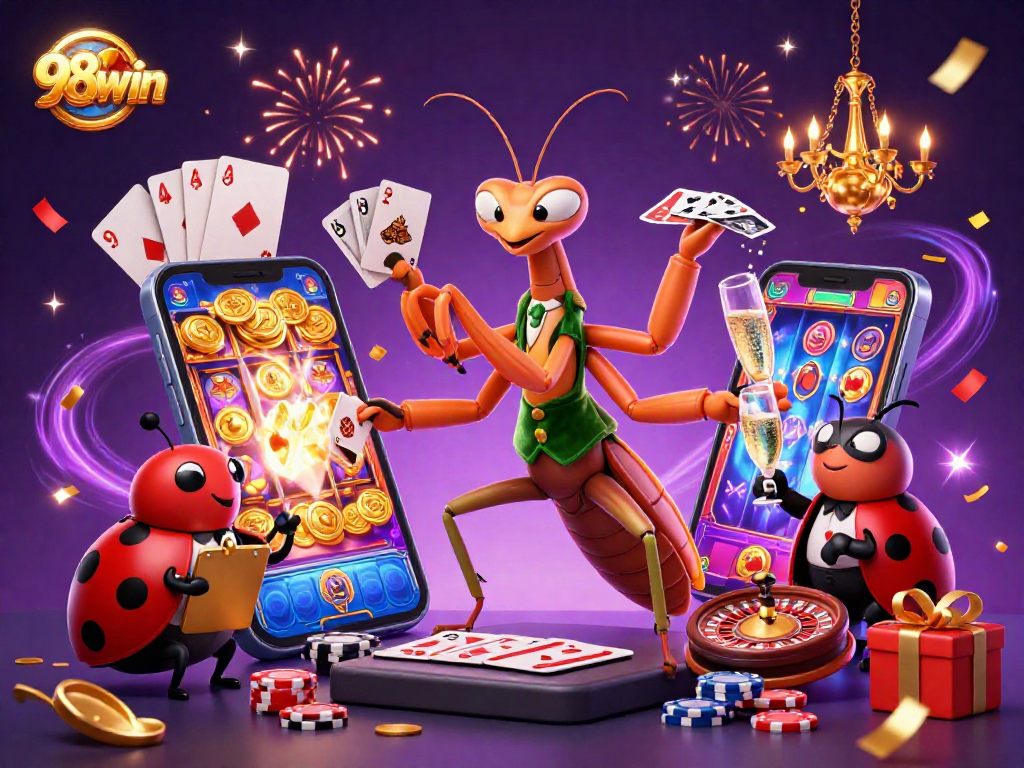 Experience excitement with 98win at this vibrant casino illustration featuring games, cards, and celebration.