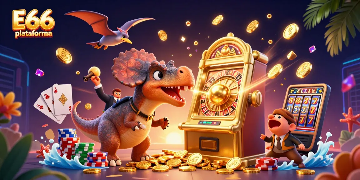 Imagem da E66 plataforma com dinossauros jogando em caça-níqueis, gerando alegria e moedas em um cassino.