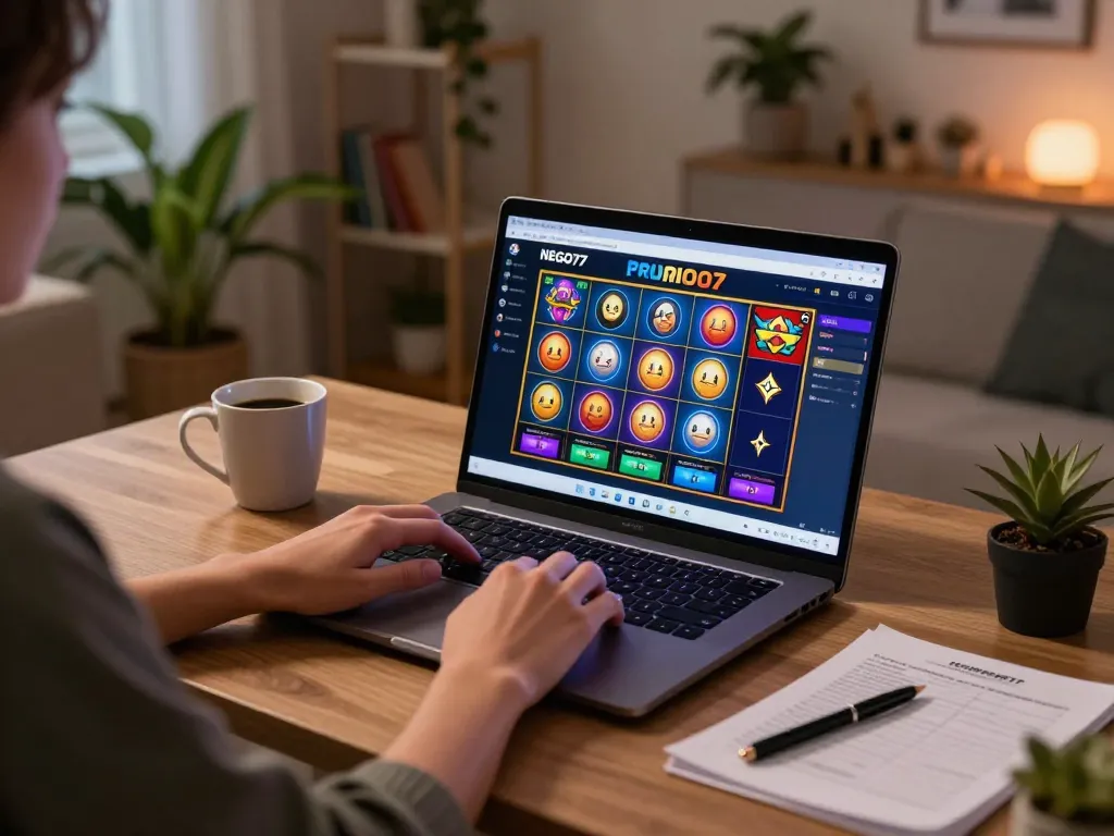 Engaged player accessing NEGO77 online casino on laptop, showing responsible gaming environment.