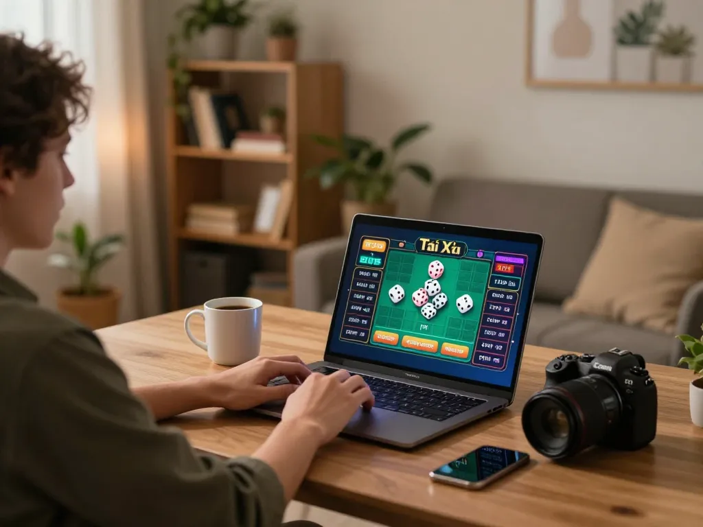Taking a strategic bet at taixiuonline8 with vibrant dice graphics on a sleek laptop in a cozy home office