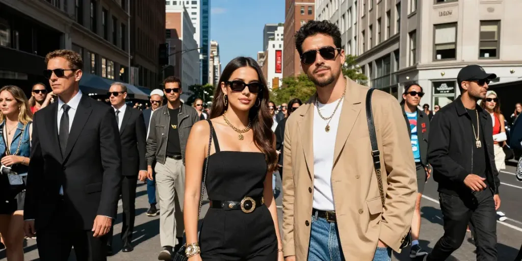 Celebritygiant fashion influencers showcasing trendy outfits in a bustling city.