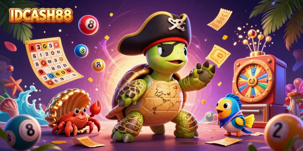 Experience thrilling gameplay with IDCASH88 in this vibrant illustration featuring a pirate turtle and friends surrounded by lottery elements.