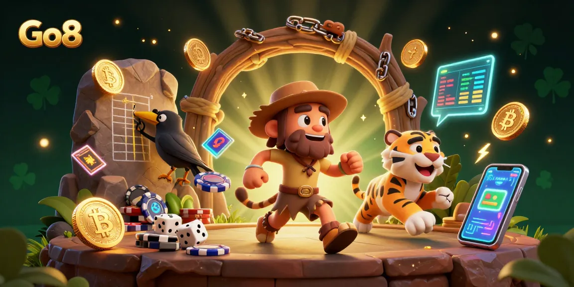 Engage with Go8's thrilling prehistoric casino featuring cartoon caveman, tiger, and crypto elements.