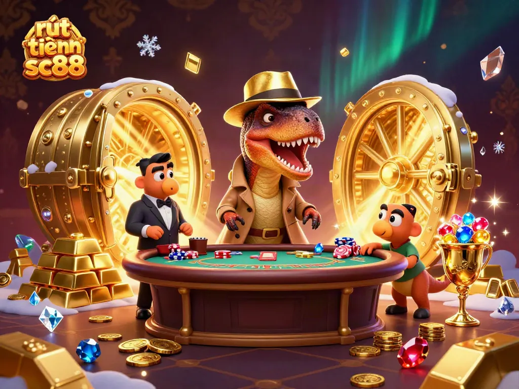 Experience rút tiền sc88 with a cartoon velociraptor counter and gems in this vibrant casino scene.
