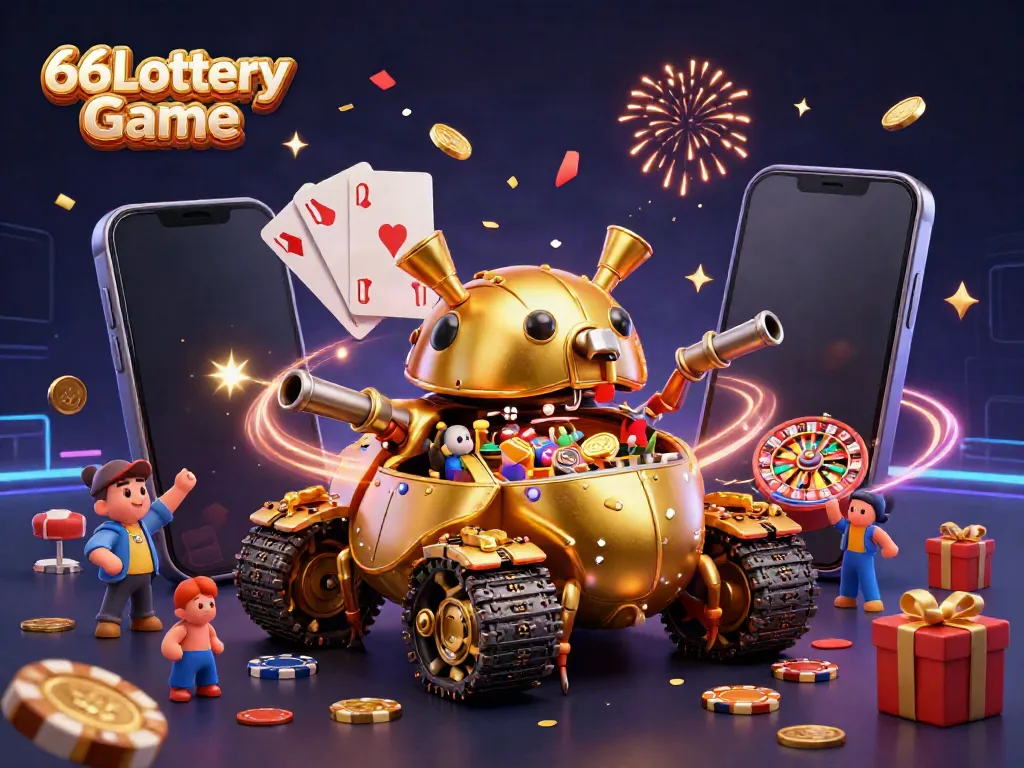 Engage with the exciting 66Lottery Game through a spectacular 3D illustration showcasing vibrant lottery and casino elements.