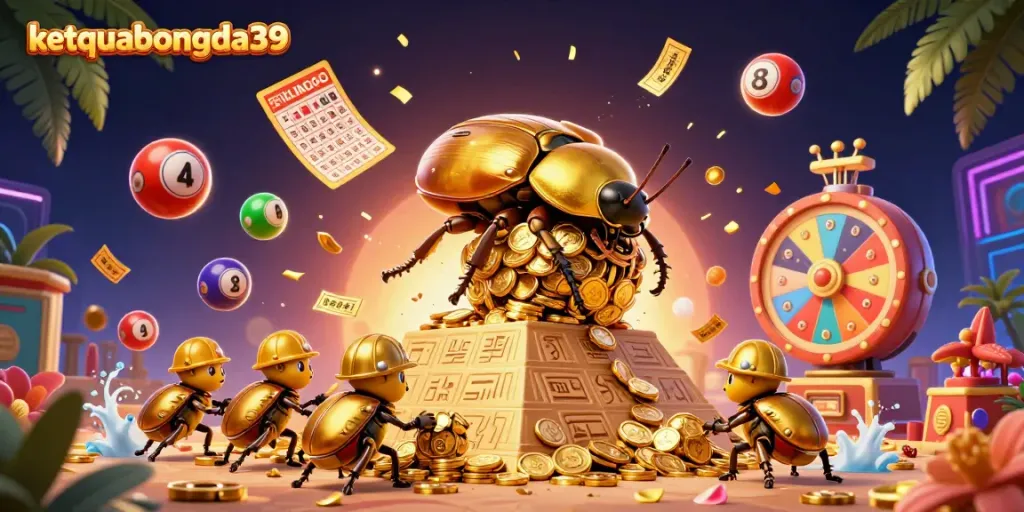Experience the excitement of ketquabongda39 with vibrant, dynamic lottery scene illustrating a golden dung beetle and casino elements.