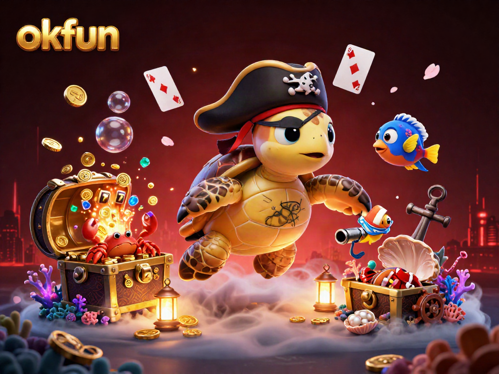 Engage with okfun's vibrant slots scene featuring a pirate turtle, treasure, and dynamic casino elements.