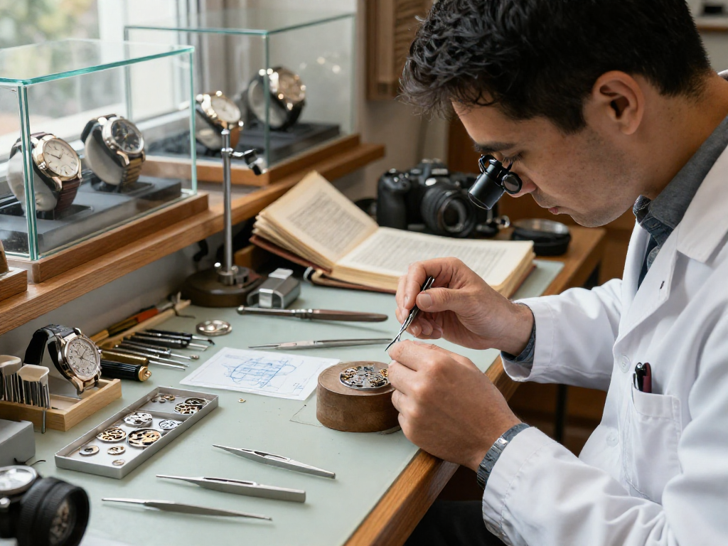 Skilled horologist examining 2235 movement parts in a luxury watch workshop.
