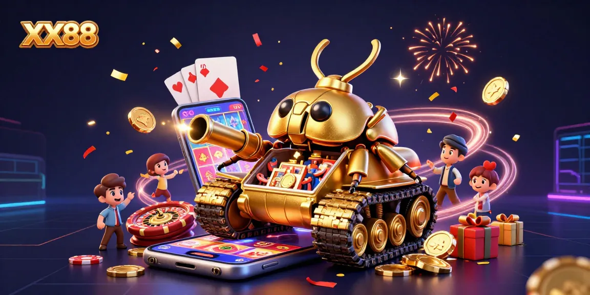 Experience thrilling gameplay at XX88 with a dynamic illustration featuring a golden beetle tank casino.