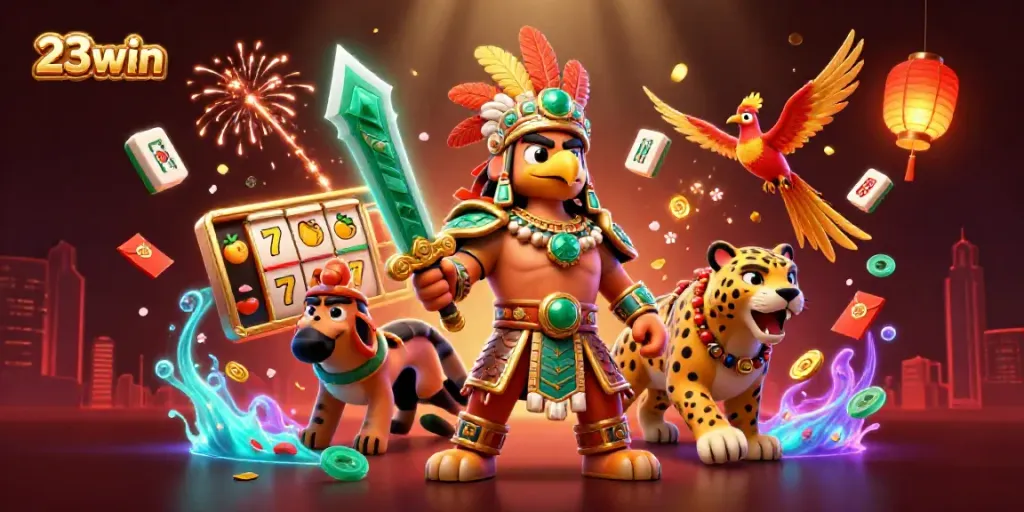 23win combines excitement with 3D Aztec warriors and vibrant slot machine elements for thrilling gameplay.