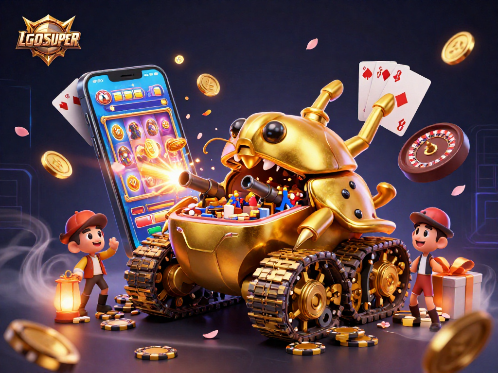 Engage with LGOSUPER's vibrant online casino experience through a 3D animated illustration showcasing action-packed gaming elements.