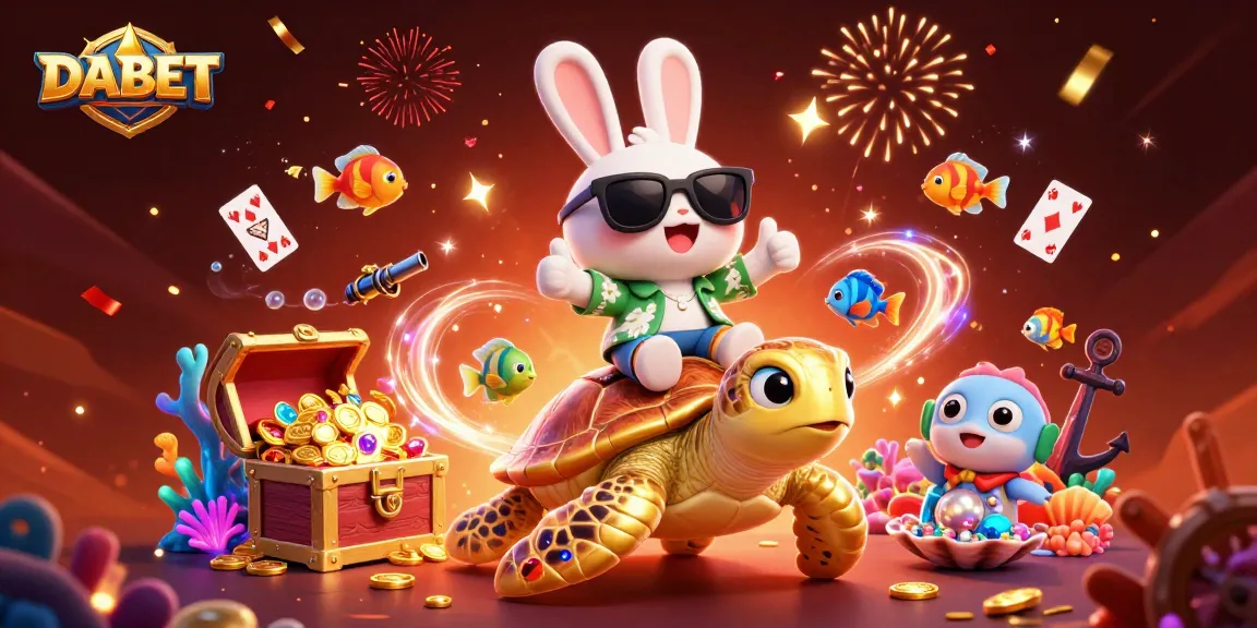DABET showcases a thrilling online casino experience with a lucky rabbit and a giant turtle, surrounded by lavish treasures.
