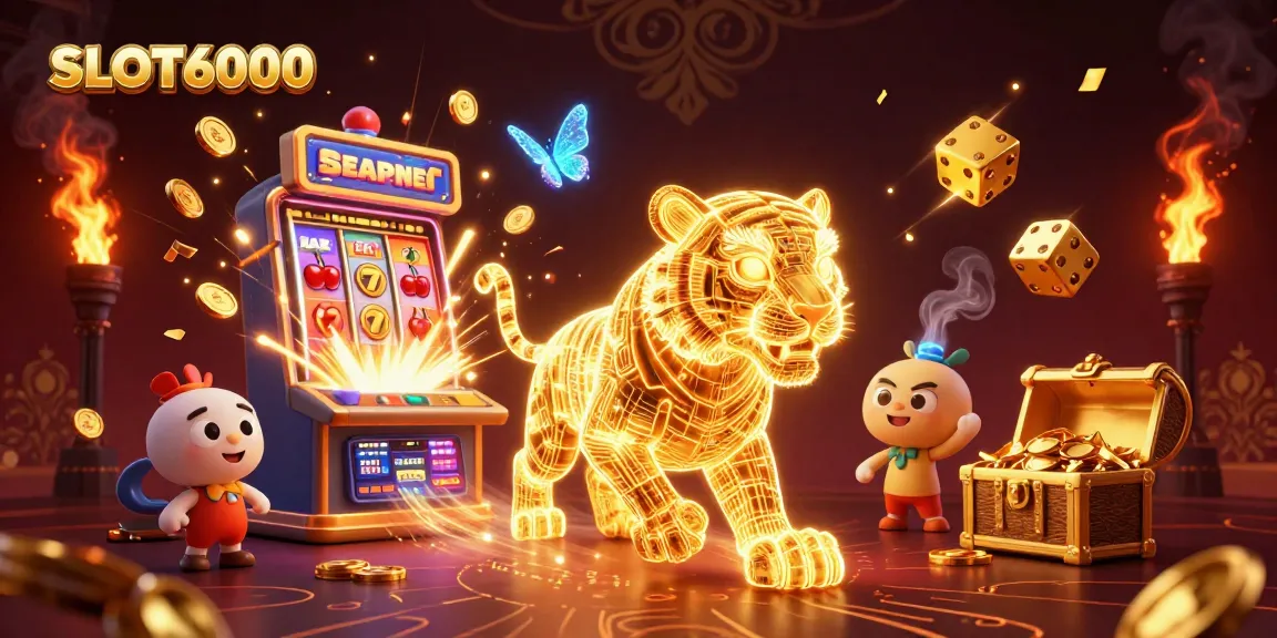 Engage with SLOT6000 in a vibrant casino world featuring a glowing golden tiger and slot machine action.