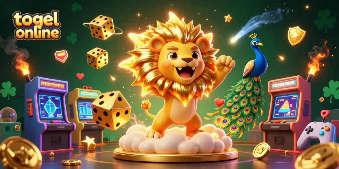 Engage in togel online with a vibrant 3D illustration showcasing a roaring sun lion, golden dice, and arcade elements.