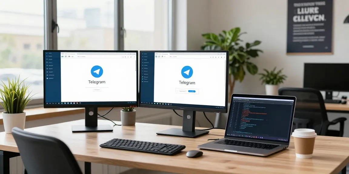 Innovative developer using Telegram下载 on dual monitors in a modern workspace.