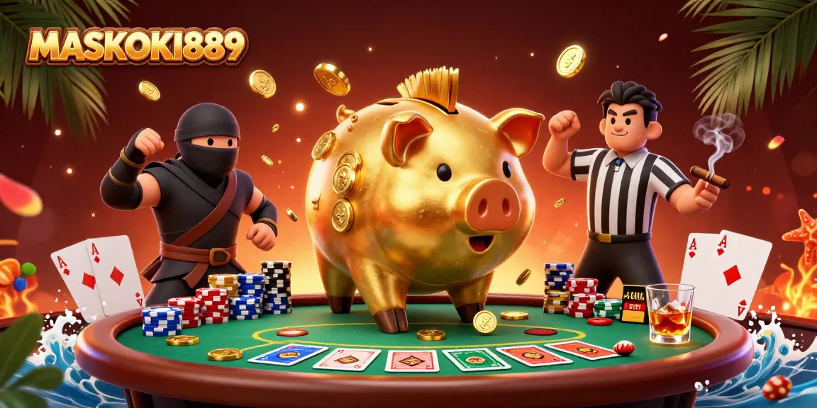 Experience the excitement of MASKOKI889 with lively casino action featuring a golden piggy bank sumo wrestler.