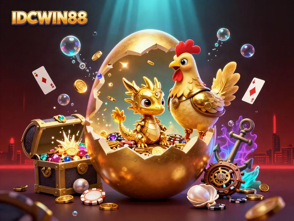 Engage in thrilling gaming with IDCWIN88 featuring a golden dragon, poker chips, and vibrant casino elements.