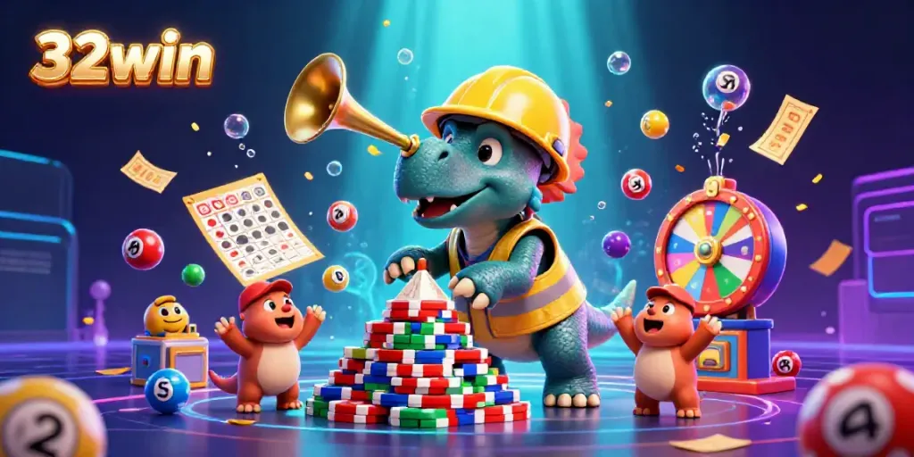 Engage with 32win as a triceratops builds poker chips while lottery elements create a vibrant casino scene.