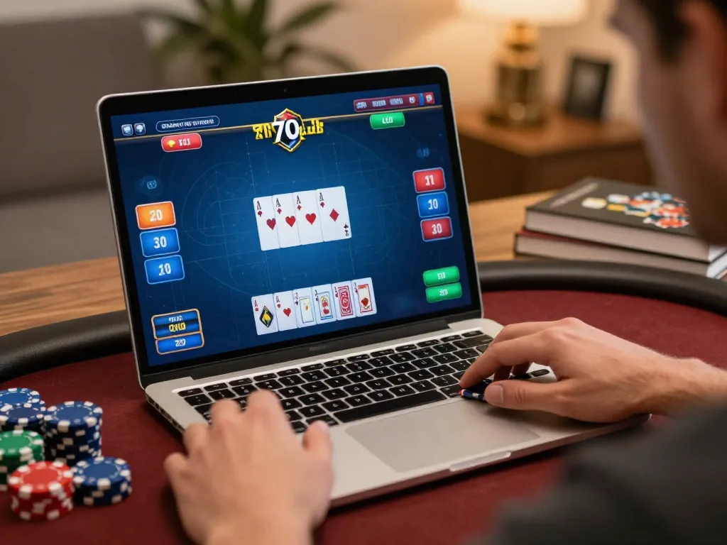 Player enjoying online poker at home on 79club, showcasing vibrant game interface.