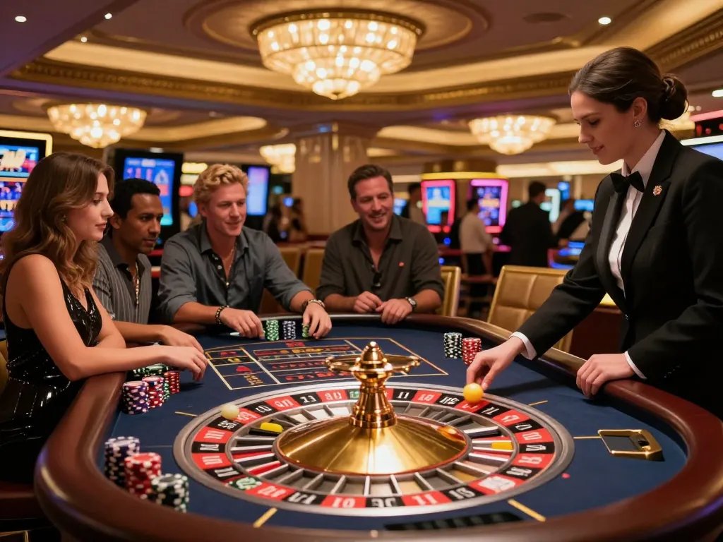 Watch vibrant roulette wheel action with players engaging in thrilling 7m casino gameplay