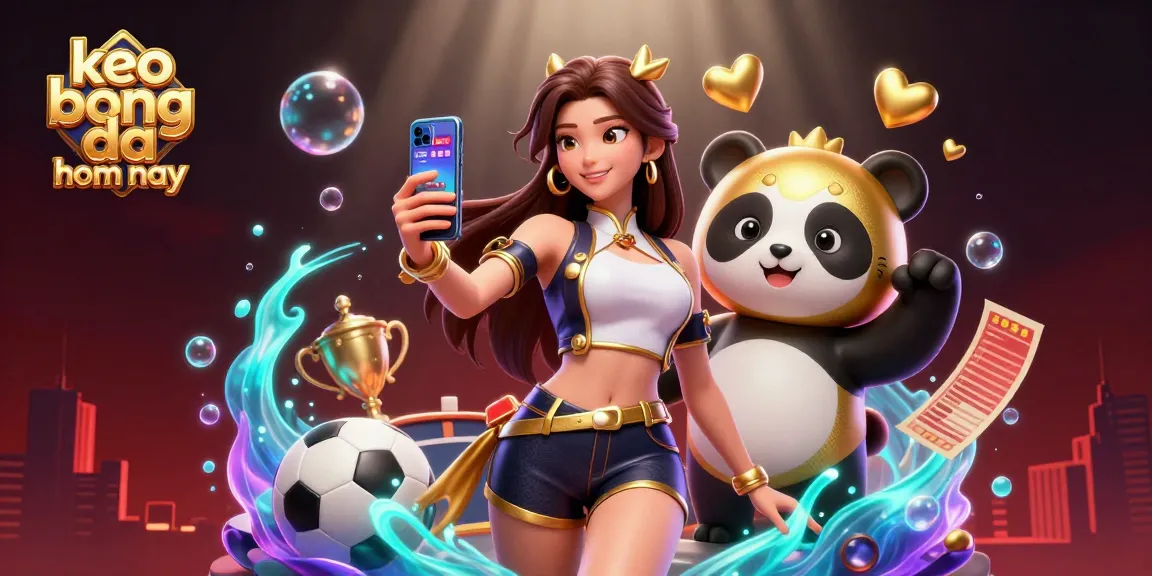 Engage with keo bong da hom nay as an Asian woman showcases a sports betting game and a golden panda mascot in vibrant celebration.