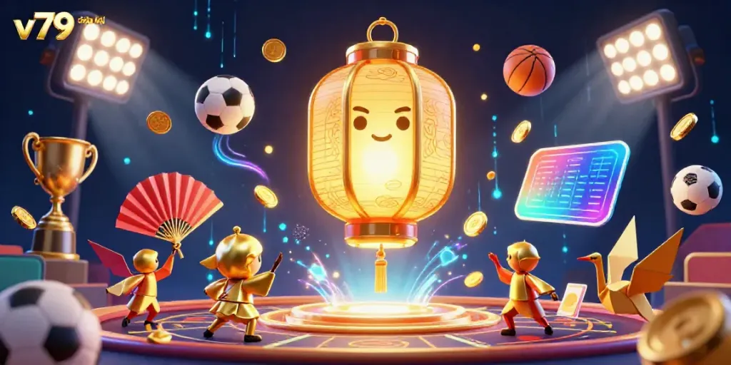 Engage with v79 đăng ký through a vibrant 3D casino scene featuring a golden lantern spirit and dynamic betting elements.