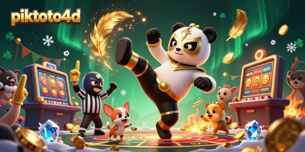 Experience the excitement of piktoto4d with a dynamic scene featuring a panda wrestler and chihuahua referee amid thrilling casino elements.