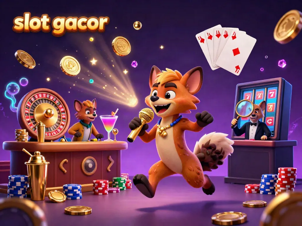 Hyenas in a vibrant comedy casino scene delivering entertainment with slot gacor gaming elements.