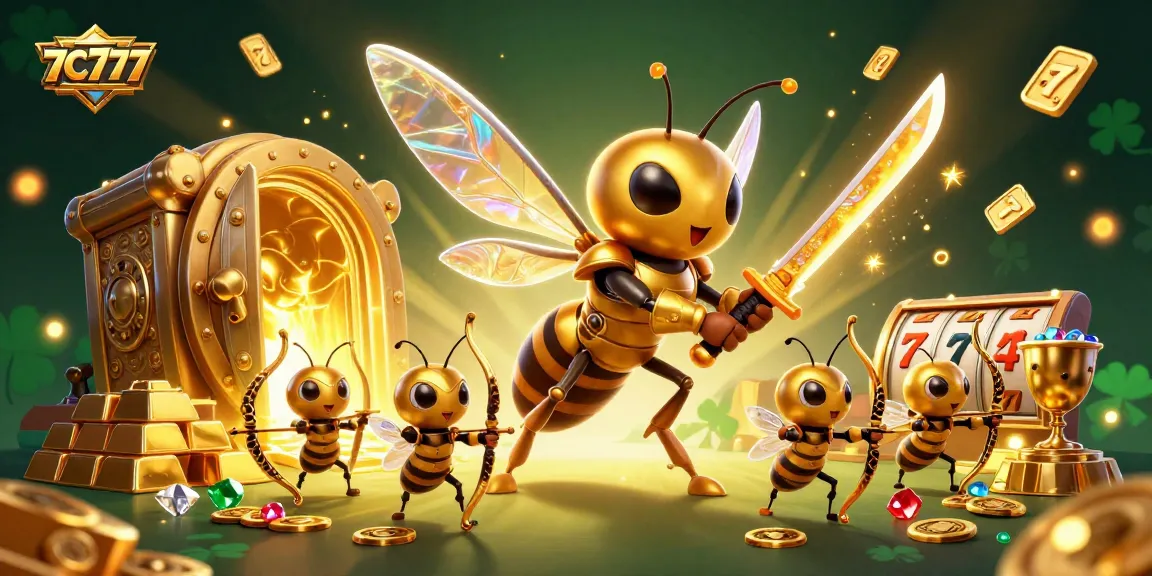 Engage with 7C777's vibrant casino scene featuring a giant hornet samurai and treasure-filled elements.