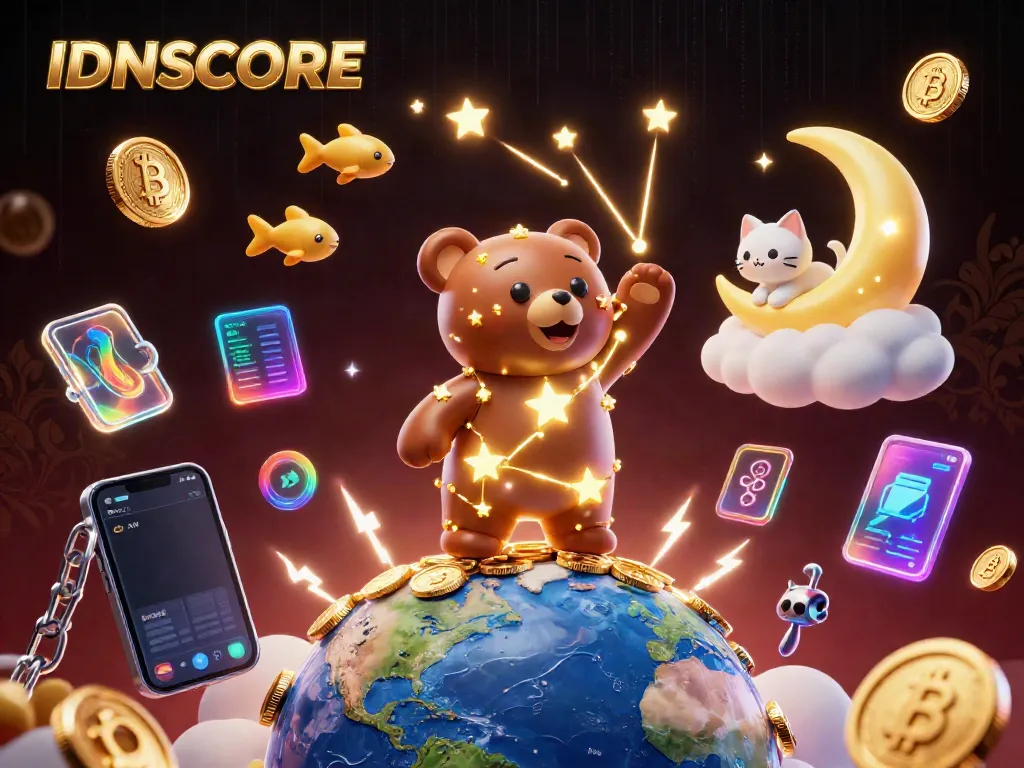 IDNSCORE features a constellation bear and moon cat amidst vibrant coins and crypto elements.