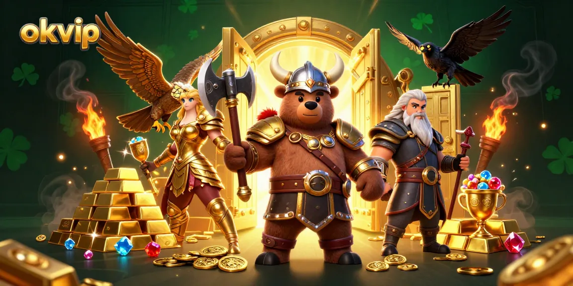 Experience the thrill of gambling with okvip's vibrant 3D casino illustration, featuring a Viking bear and Valkyrie eagle.