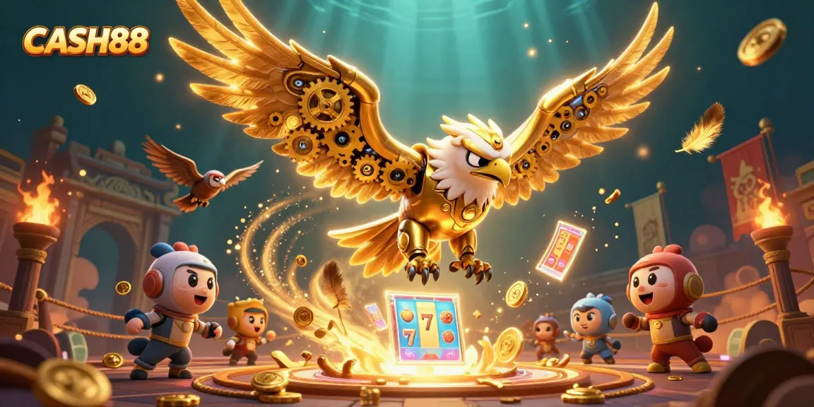 CATCH CASH88's thrilling gaming experience with the cybernetic eagle amidst slot reels and golden treasures.