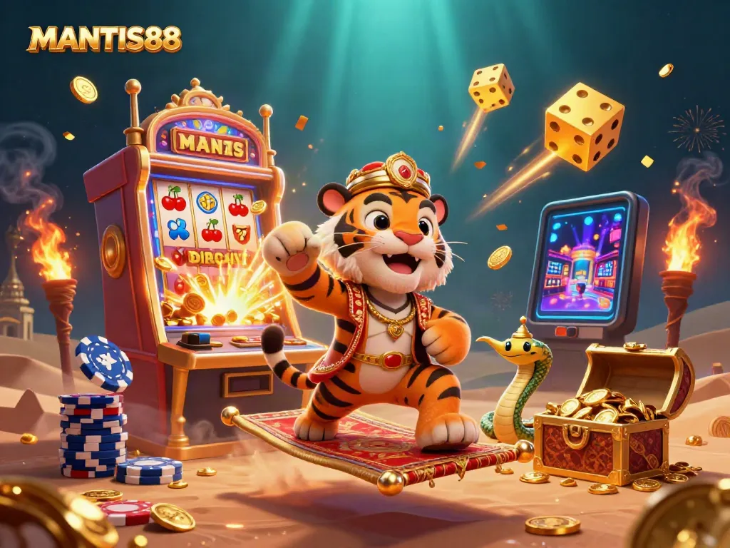 MANTIS88 players experiencing a vibrant online casino with lively characters and rewarding game elements.