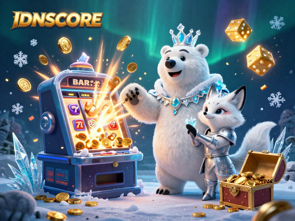 Engage in thrilling gambling at IDNSCORE with a majestic ice king polar bear and snow fox amid jackpot burst.