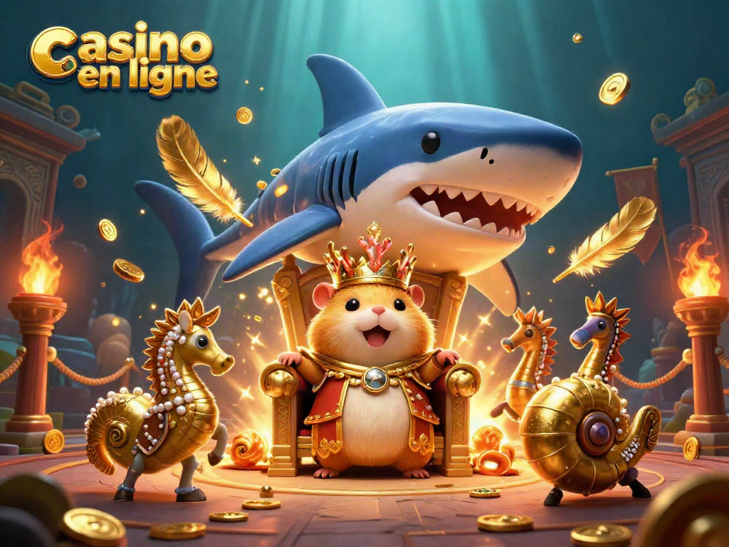 Venez découvrir l'univers passionnant du casino en ligne avec notre illustration d'un roi hamster d'or entouré de gardes hippocampes.