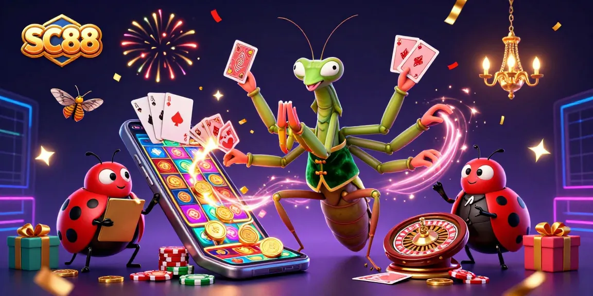Experience high-energy gaming action with SC88's vibrant characters amidst dazzling casino elements.