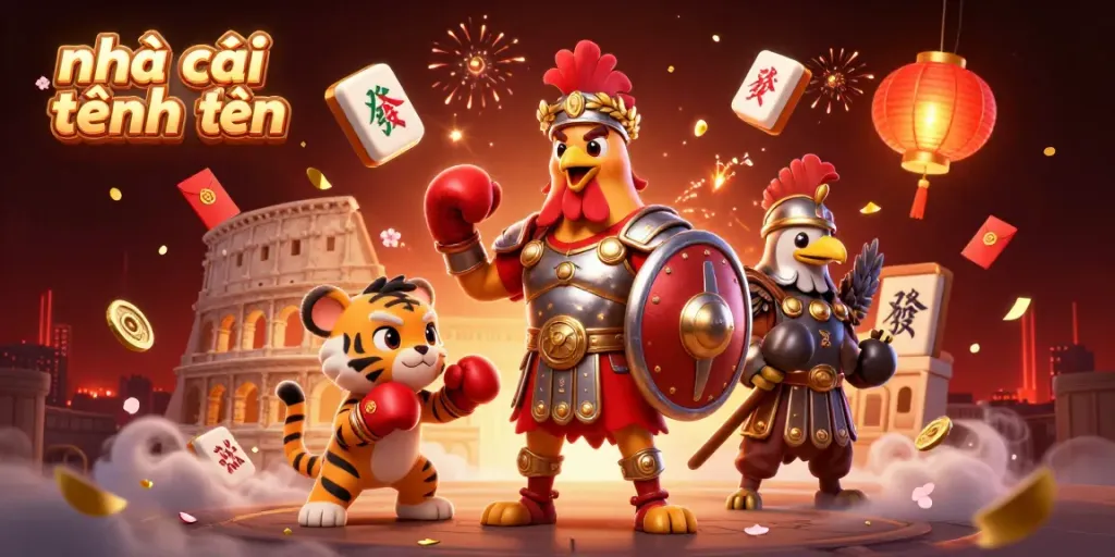 Experience the excitement of nhà cái tặng tiền with a vibrant 3D scene featuring a gladiator rooster and dynamic game elements.