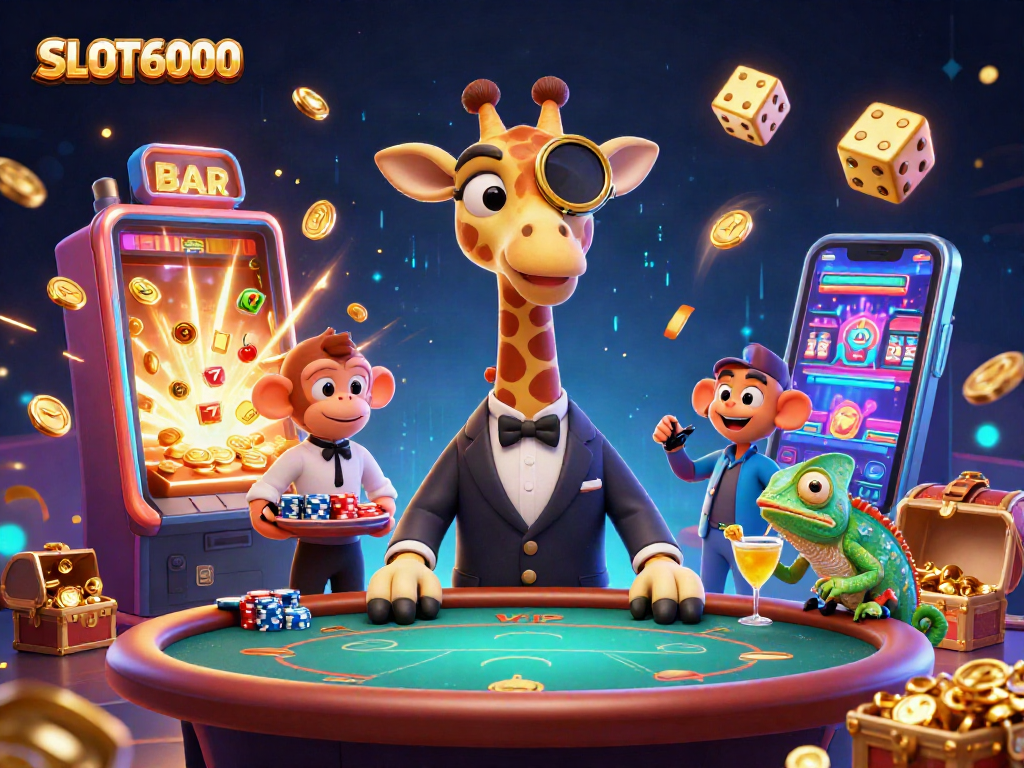 SLOT6000 showcases a vibrant 3D illustration of vibrant gambling characters at a casino table with dynamic elements.