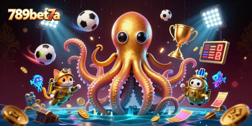 Engage with thrilling action at 789bet7a featuring a kraken and a diving cat amidst animated sports betting scenes.