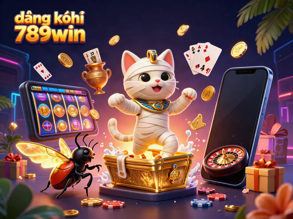 Engage in exciting gameplay with đăng ký 789win, featuring a vibrant 3D illustration of a mummy cat and scarab in a pyramid casino.