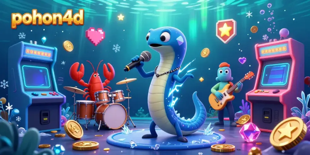 Pohon4d's electric eel DJ dominates the underwater casino stage, surrounded by vibrant gaming elements.