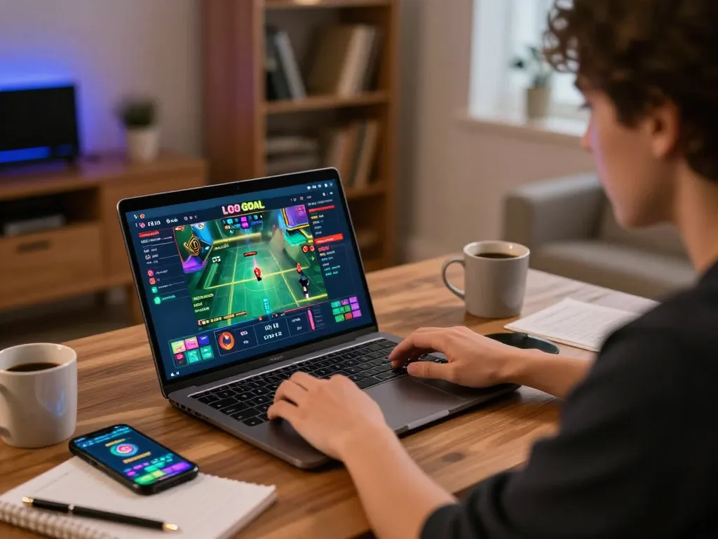 LGO GOAL online gaming scene with a player analyzing bets in a cozy home atmosphere