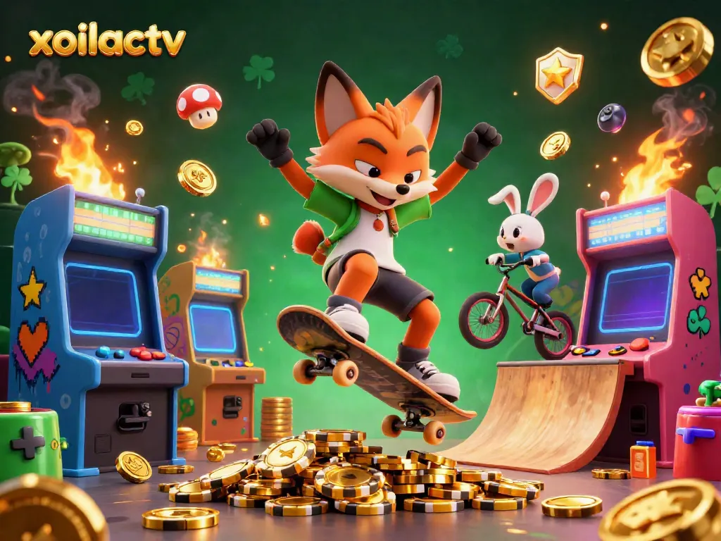 Experience gaming thrills with xoilactv featuring a skateboarder fox and BMX-riding rabbit amid dynamic casino elements.
