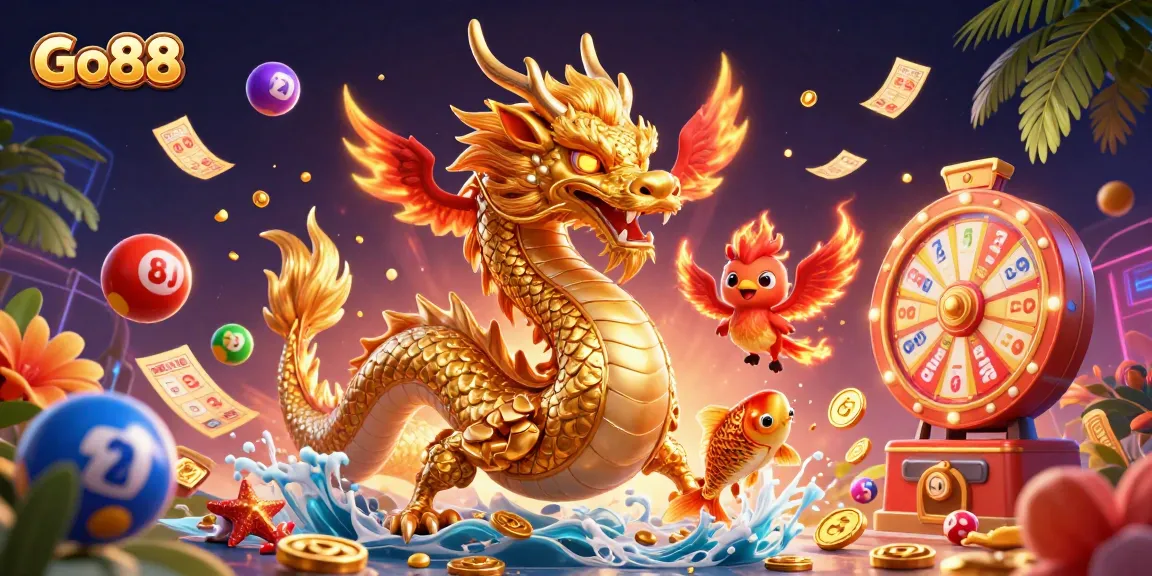 Engage in thrilling gaming experiences with Go88's vibrant 3D illustration featuring dragons and lucky symbols.